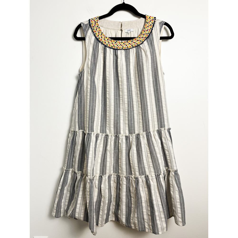Voy Embroidered Vertical Stripe Tiered Cotton Sleeveless Dress Lined Flowy